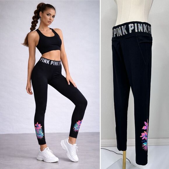 Victoria's Secret Pants - PINK Victoria’s Secret Tropical Floral Bling Yoga Leggings L Black Sequin Waist